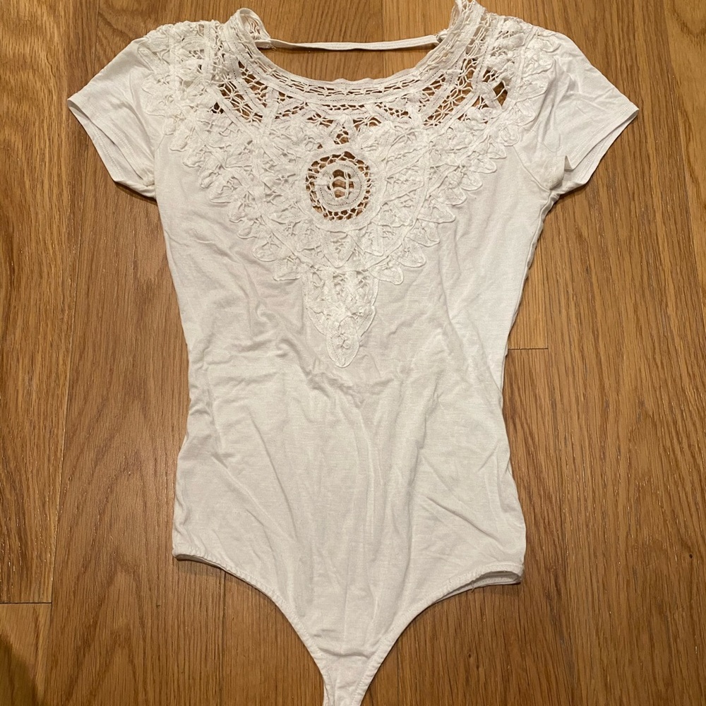 White knit detail thong body suit with open back